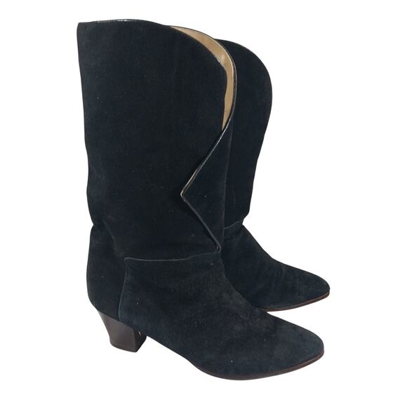 24 KARAT! BLACK GENUINE SUEDE LEATHER WRAP & VELCRO FRONT MID-CALF BOOTS! SZ 9M - Picture 1 of 10